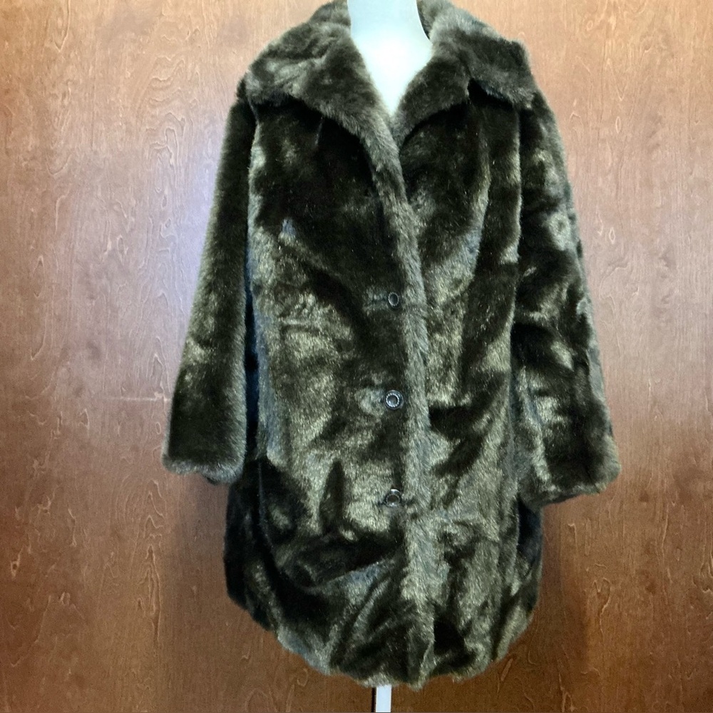 Vintage 80s Womens Brown Faux Fur Coat Size L/XL Luxurious Glam Party Formal